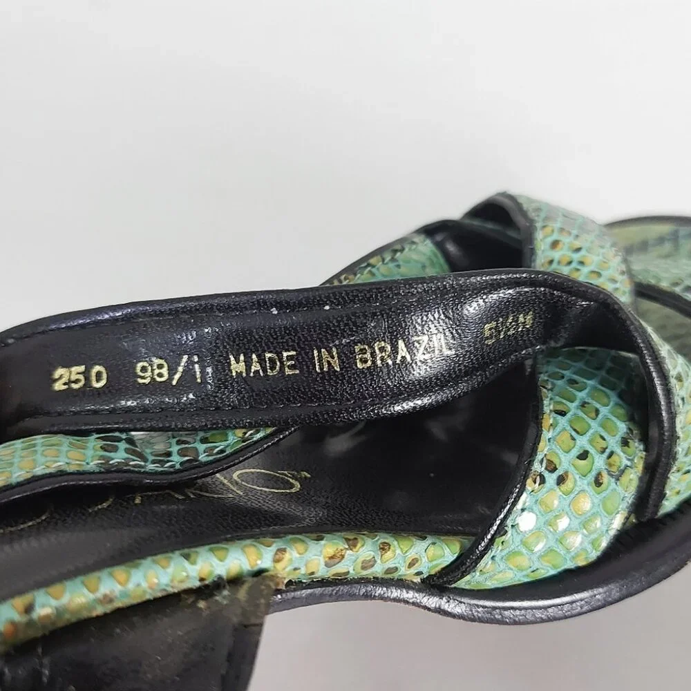 Franco Sarto Women 90s Open-Toe Strappy Sandals 5.5 Green Snakeskin Block Heel